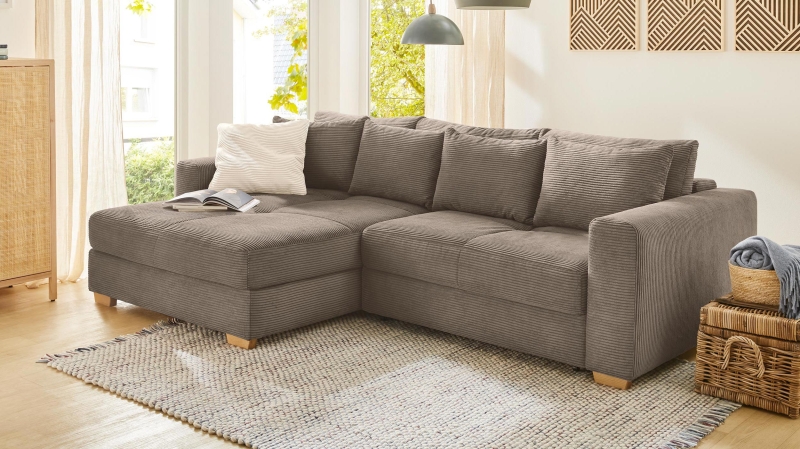 Ecksofa Cord taupe Schlaffunktion Bettkasten 288 x 186 cm - KAMPEN
