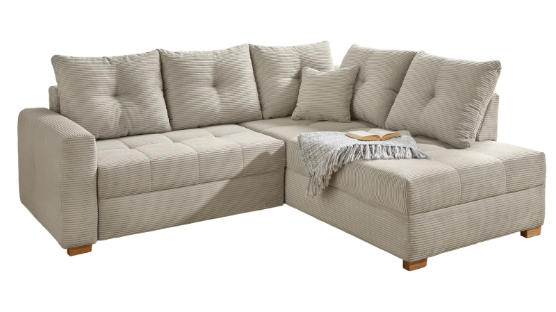 Ecksofa Cord grau - Schlaffunktion Bettkasten 228 cm - HEIDELBERG