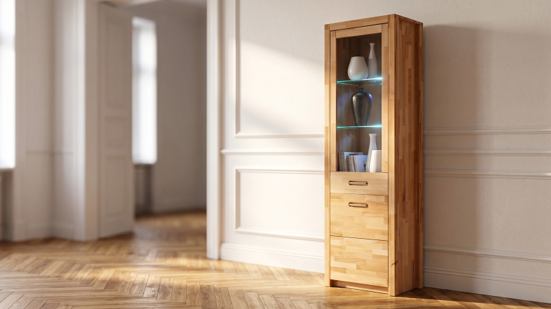 Vitrine Kernbuche massiv geölt mit Beleuchtung 66 cm - FENJA