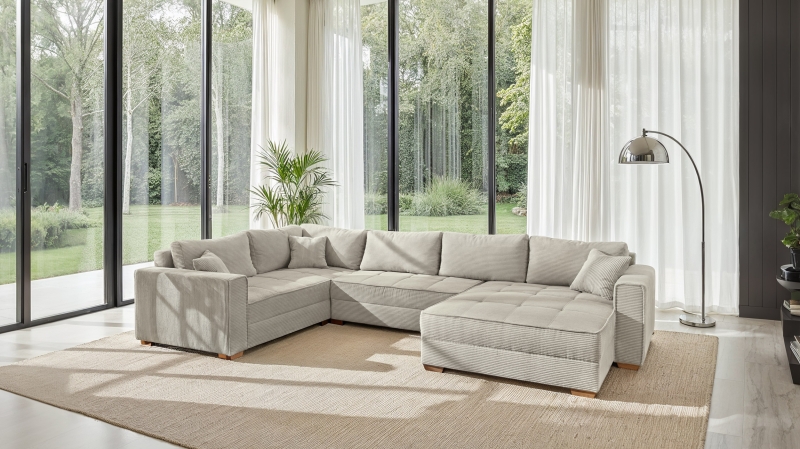 Wohnlandschaft Schlaffunktion Cord beige Bettkasten 379 cm - ALBA