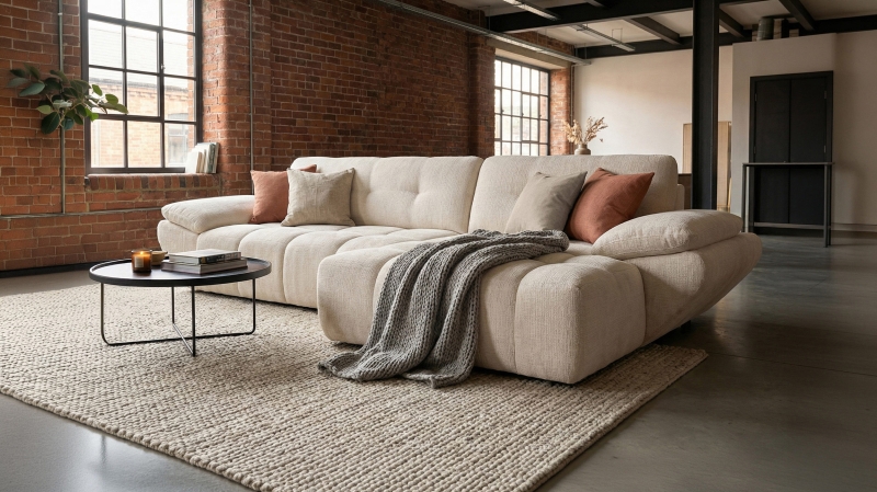 Ecksofa creme elektrisch ausfahrbar 308 cm - OT rechts - HUGO