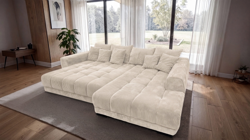 Ecksofa Cord beige elektrisch ausfahrbar 300 cm - OT rechts - ARTEMIS