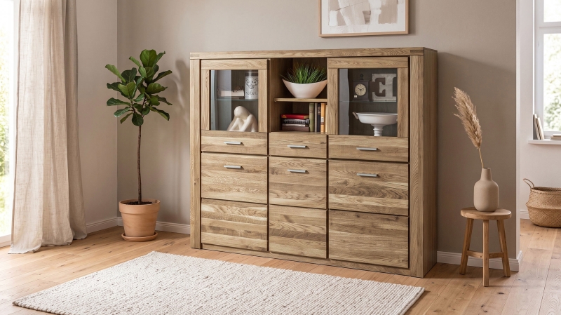 Highboard mit 2 Glastüren Wildeiche massiv geölt 159 cm - FREYJA