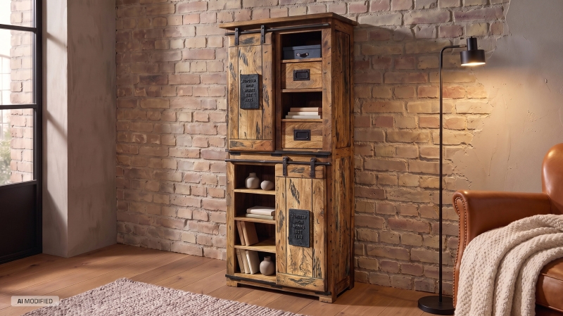 Highboard mit 2 Rolltüren Mango massiv 80 cm - montiert - EMANUEL