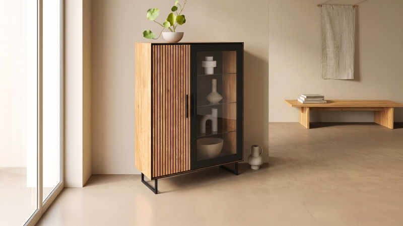 Vitrine Eiche teilmassiv geölt mit Glastür 102 cm - BELLA
