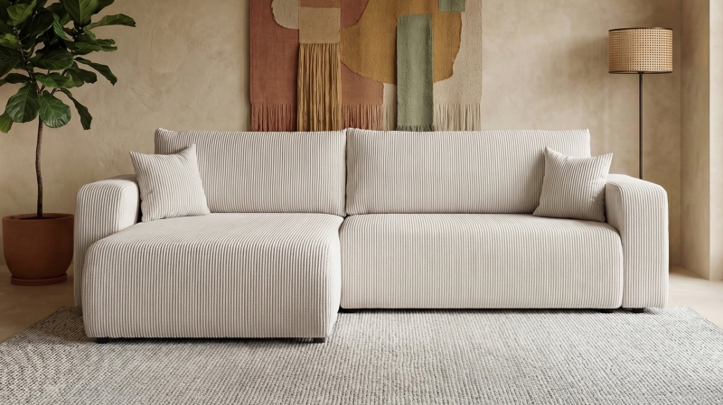 Ecksofa Cord creme Schlaffunktion Bettkasten 270 x 186 cm - HONOLULU