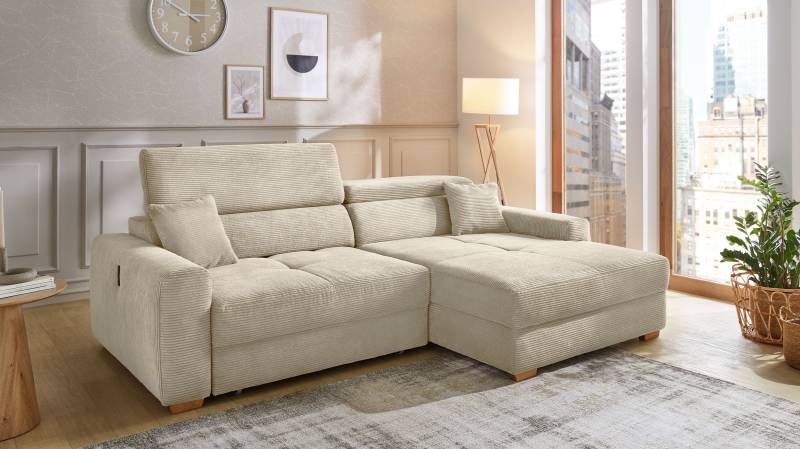 Ecksofa Cord elektrisch ausfahrbar grau-beige 277 cm - SLIDER