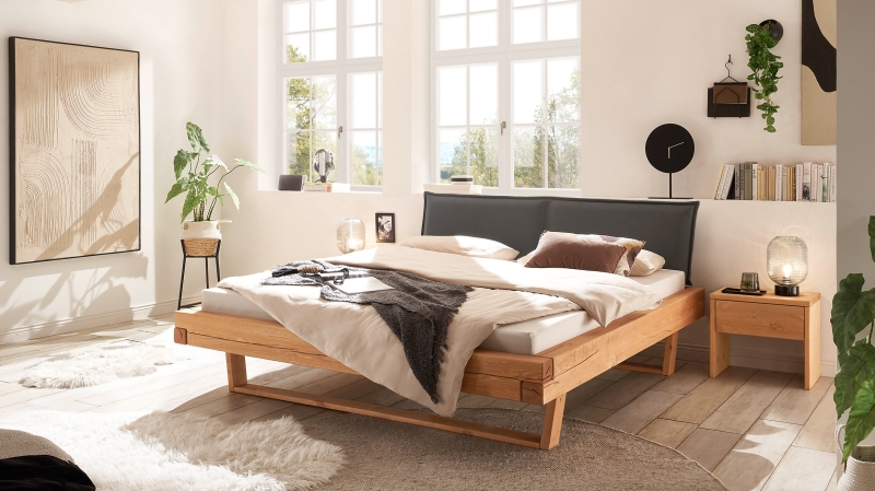 Balkenbett 140 cm Kiefer massiv Polsterkopfteil - U-Gestell - JOREN