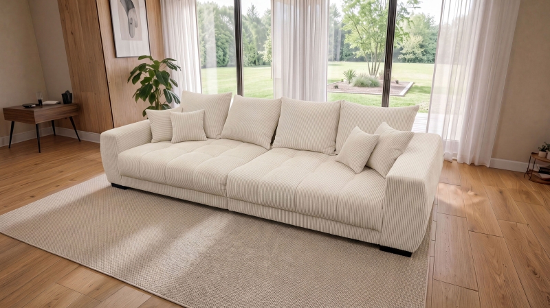 Big Sofa Cord beige mit Nosagunterfederung 300 cm - ARTEMIS
