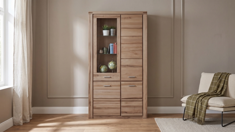 Vitrine Kernbuche massiv geölt mit Glastür 108 cm - FREYJA