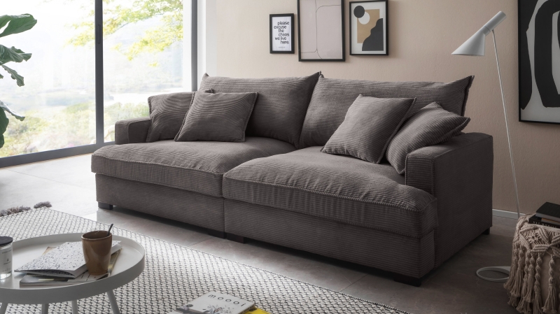 Big Sofa Cord grau - 242 cm - Nosagunterfederung - TRIBECCA 