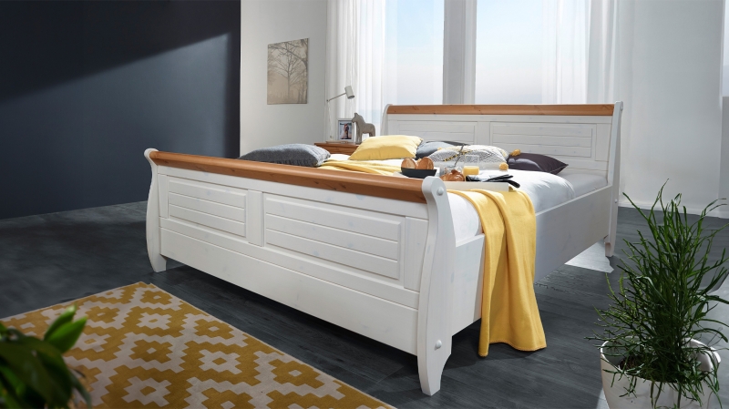 Massivholzbett 180 cm Kiefer massiv weiß gewachst - MATILDA