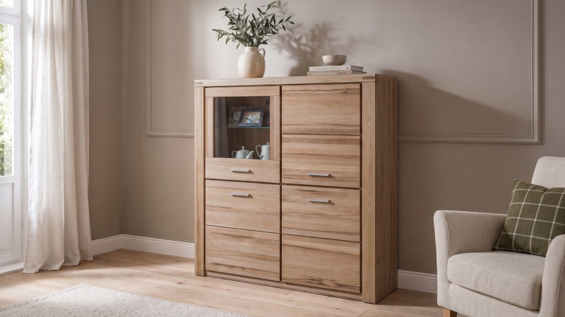 Highboard mit Glastür Kernbuche massiv geölt 108 cm - FREYJA