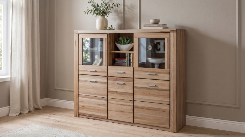 Highboard mit 2 Glastüren Kernbuche massiv geölt 159 cm - FREYJA
