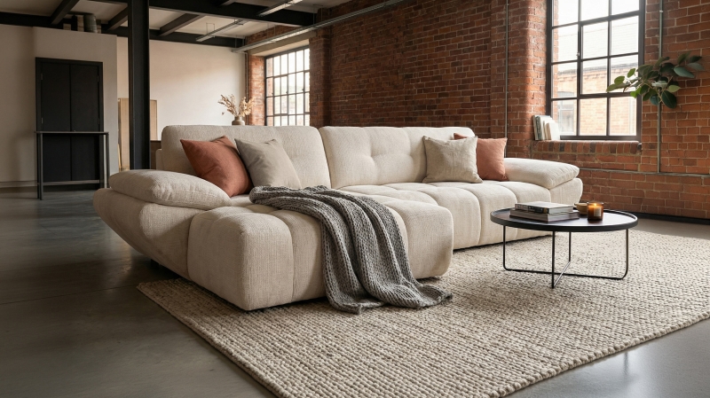 Ecksofa creme elektrisch ausfahrbar 308 cm - HUGO