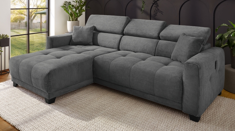 Ecksofa Cord grau 263 cm elektrisch ausfahrbar - CREMONA