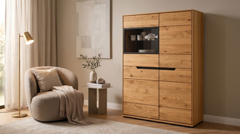 Highboard mit Glastür Wildeiche geölt massiv 93 cm - ARAYA
