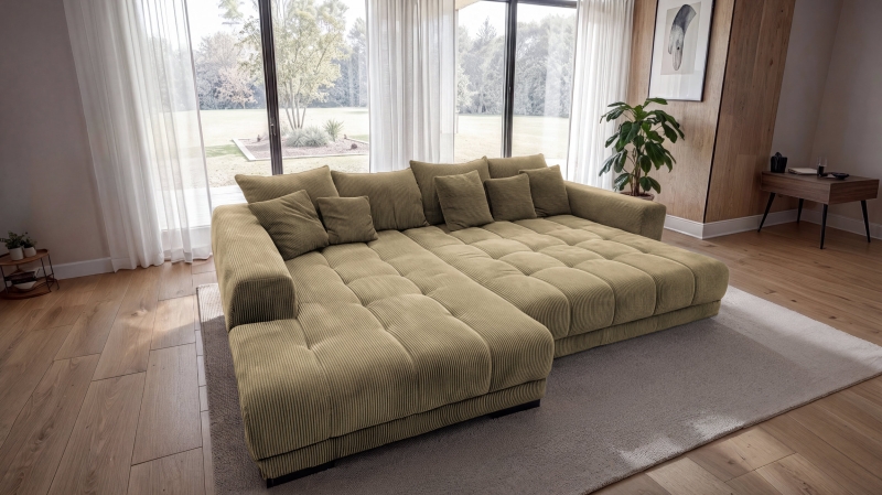 Ecksofa Cord grün elektrisch ausfahrbar 300 cm - OT links - ARTEMIS