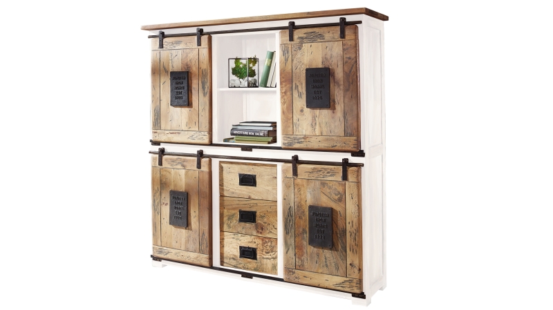 Highboard mit 4 Rolltüren Massivholz weiß Mango 150 cm - EMANUEL
