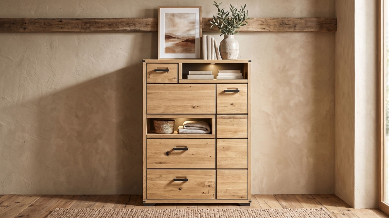 Highboard mit Beleuchtung - Wildeiche massiv - 105 cm - CATANIA