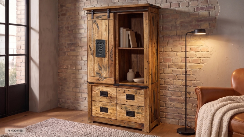 Highboard mit 1 Rolltür Mango massiv 90 cm - montiert - EMANUEL
