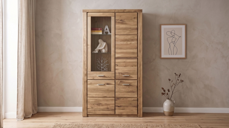 Vitrine mit Glastür Wildeiche massiv geölt Breite 108 cm - FREYJA
