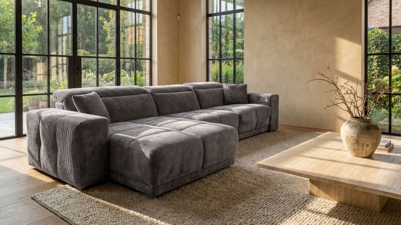 Ecksofa Cord grau 302 x 167 cm mit Relaxfunktion - OT links - TONI