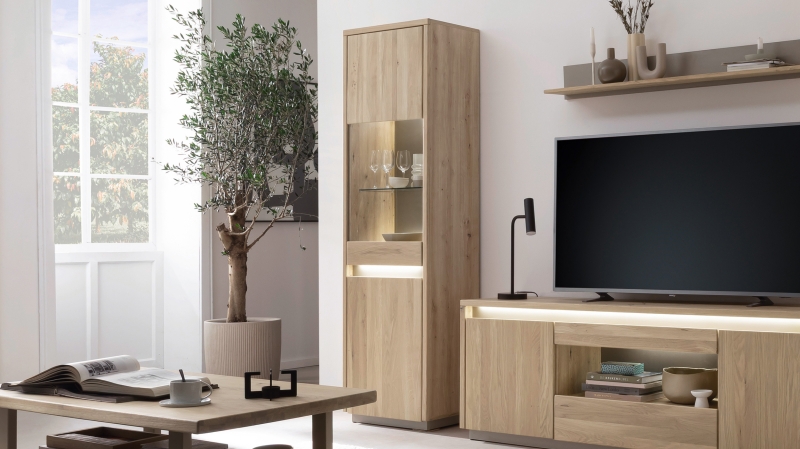 Vitrine mit Beleuchtung Eiche massiv geölt Breite 57 cm - LARVIK