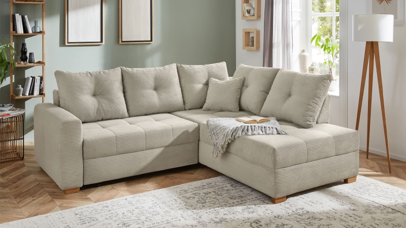 Ecksofa Cord grau - Schlaffunktion Bettkasten 228 cm - HEIDELBERG