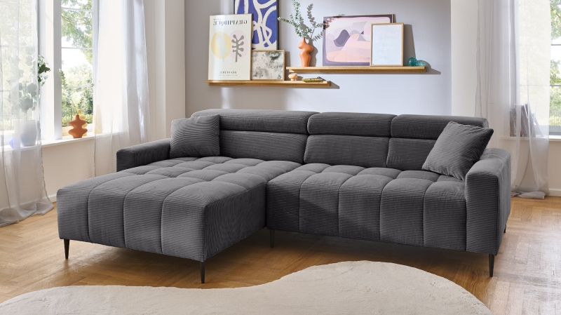 Ecksofa Cord grau ausziehbar - Sitztiefenverstellung 256 cm - OT links - SIMPLE