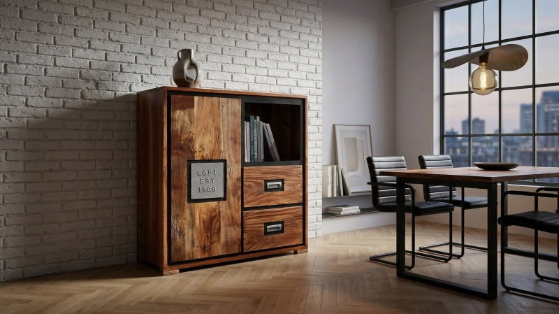 Highboard 1 Tür 2 Schubladen Akazie Altholz massiv natur 75 cm - NARVIK