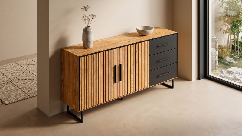 Sideboard Eiche teilmassiv mit 3 Schubladen 163 cm - BELLA
