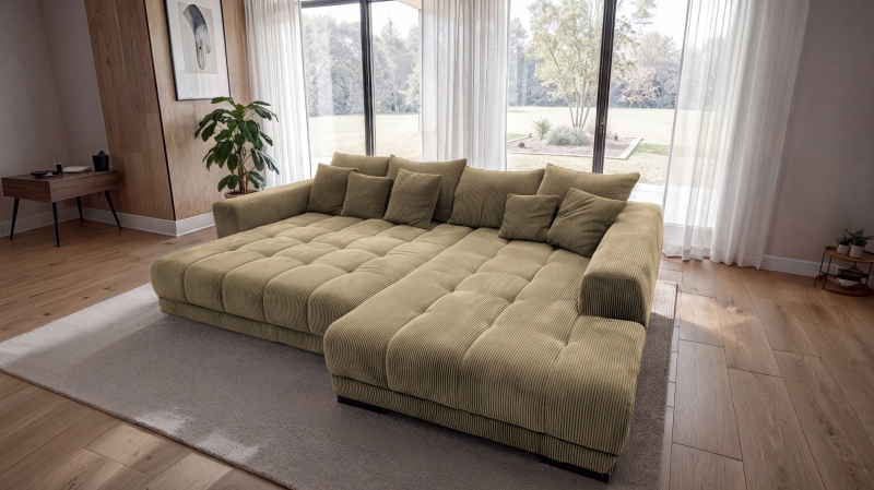 Ecksofa Cord grün elektrisch ausfahrbar 300 cm - OT rechts - ARTEMIS
