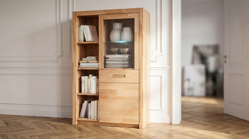 Highboard mit 1 Glastür Kernbuche massiv geölt 98 cm - FENJA