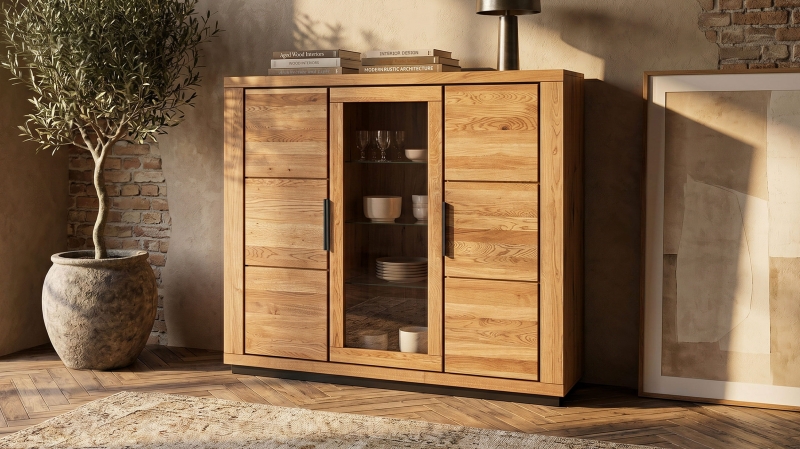 Highboard mit Glastür Wildeiche massiv geölt 153 cm - GRENO