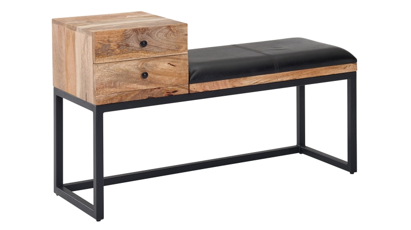 Sitzbank mit Schubladen 100 cm Mangoholz massiv - Leder - MAIGA 