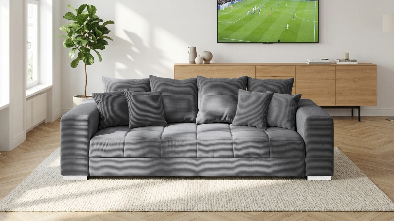 Big Sofa Cord grau - 254 cm - Nosagunterfederung - BORNEO