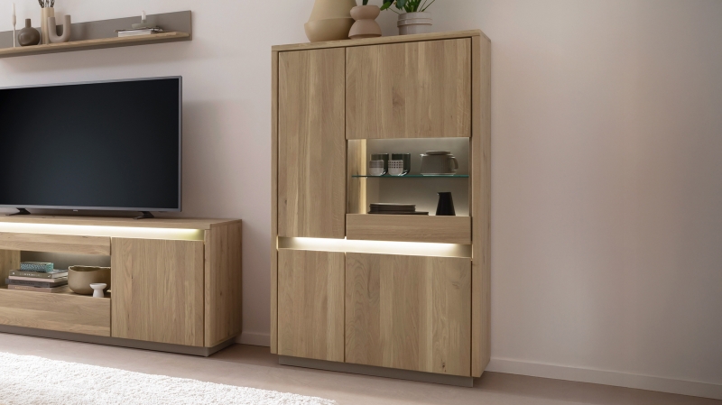 Highboard mit Glastür Eiche massiv geölt 87 cm - LARVIK