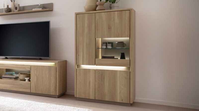 Highboard mit Glastür Kristalleiche massiv geölt 87 cm - LARVIK