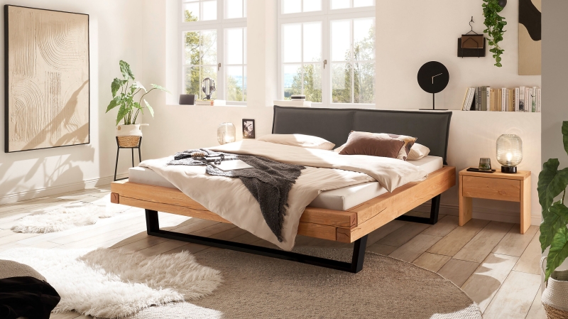 Balkenbett 180 cm Kiefer massiv Polsterkopfteil - U-Gestell - NORDEN
