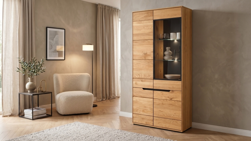 Vitrine Wildeiche massiv geölt mit Glastür 93 cm - ARAYA
