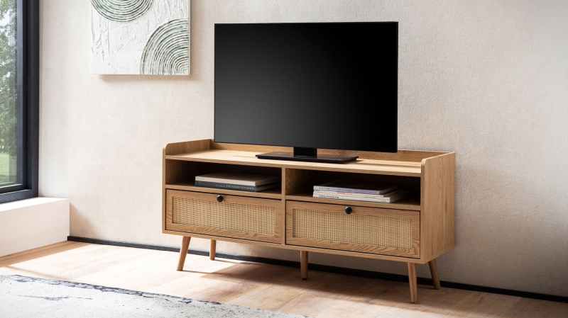 TV - Lowboard Eiche teilmassiv - Polyrattan 120 cm - RATVAN